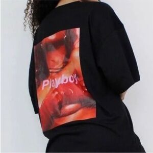 PLAYBOY Black Tee with Red and Orange Back Graphic